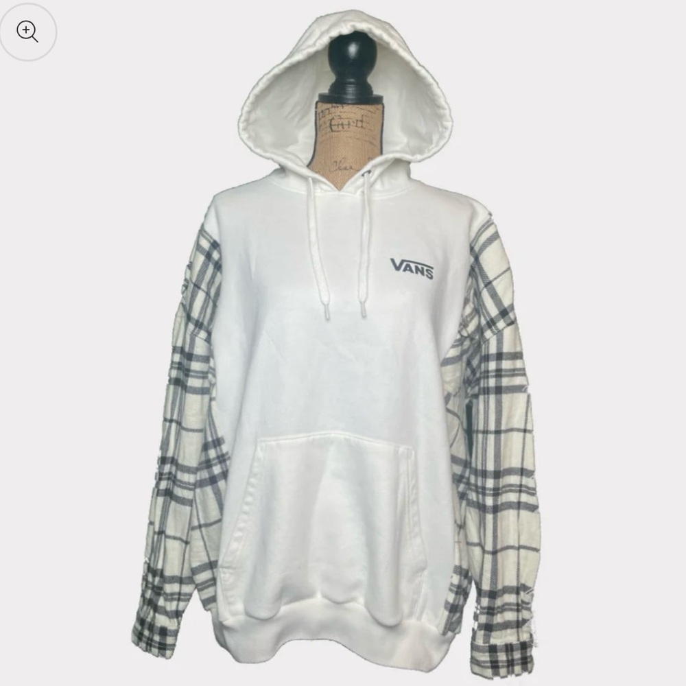 Custom Upcycled Vans Ivory and Black Plaid Sleeve Hoodie